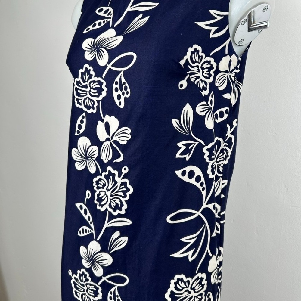 VTG 60Ss 70s Hawaiian Maxi Dress Floral White Navy Blue Side Slits Cotton SZ S - Picture 8 of 16